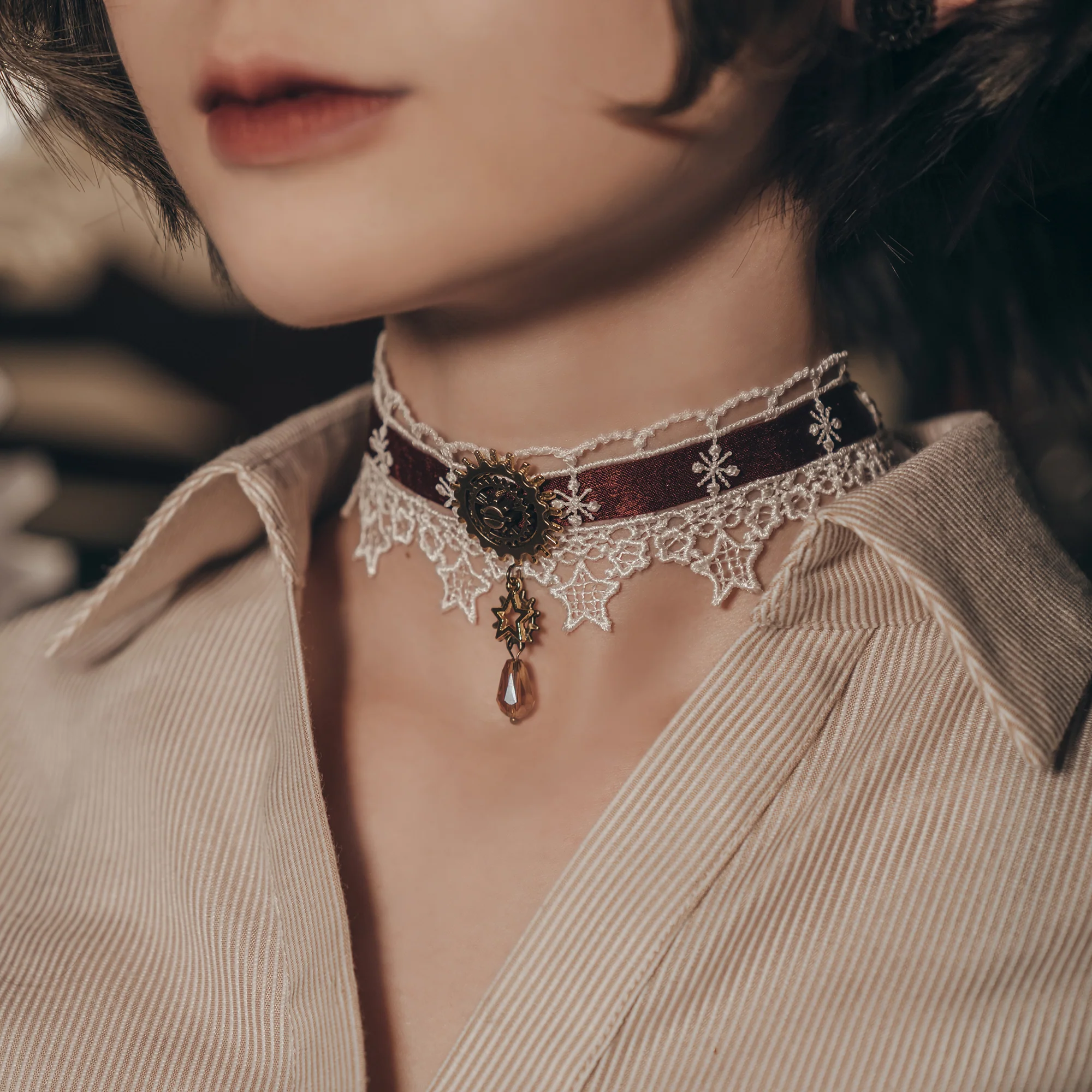Steampunk Satin Ribbon Lace Choker (Burgundy) - Image 4