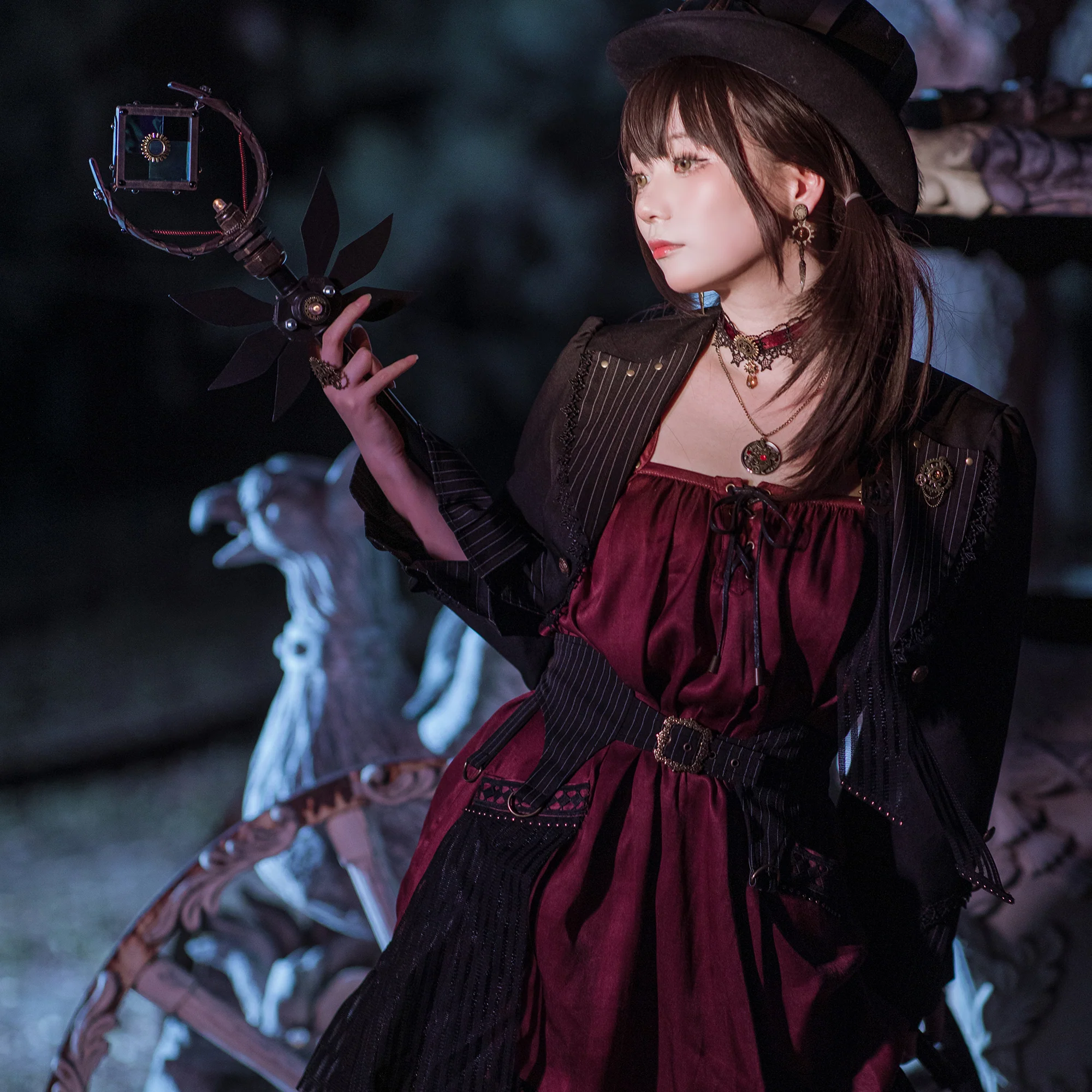 Steampunk Satin Ribbon Lace Choker (Burgundy) - Image 5